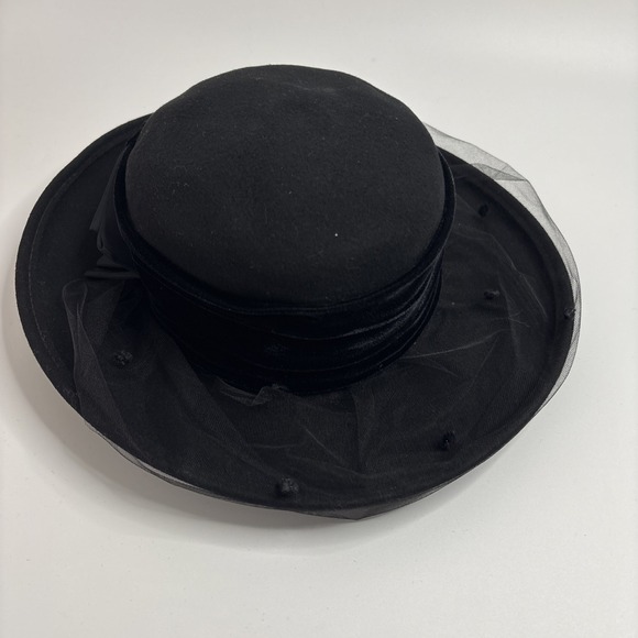 VTG Betmar Plaza Suite Black Wool Wide Brim Picture Hat Velvet Band Bow Netting main image 5